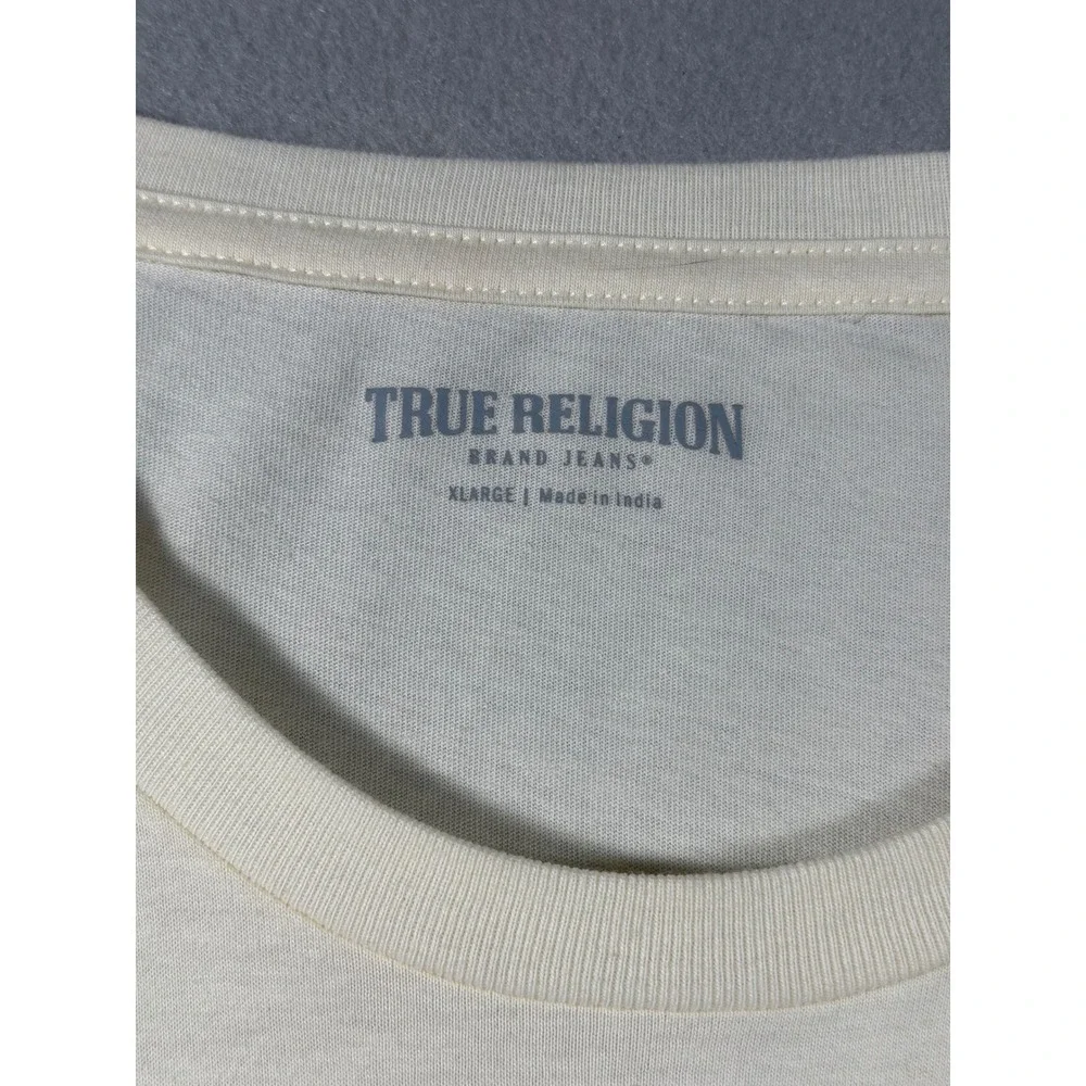True Religion Mens XL Buddha Guitar Graphic T-Shirt Cream Red Short Sleeve Tee